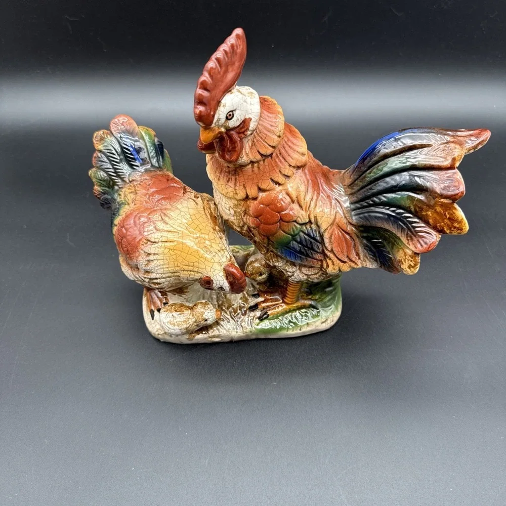 Rooster‎ Hen Baby Chick Figurine - Crackle Effect Colorful Vintage